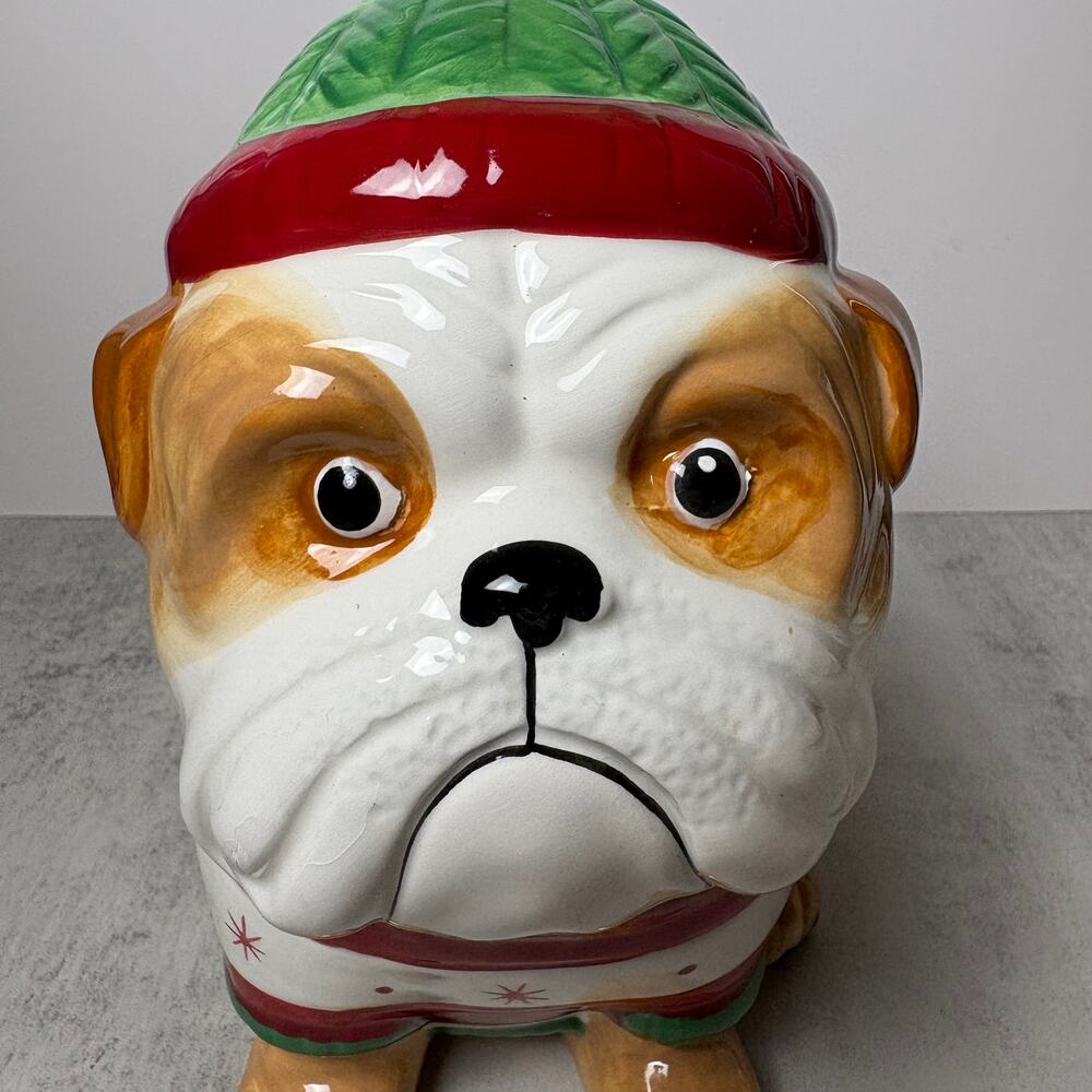 Sleigh Bell Bistro Holiday Hand-Painted Bulldog Ceramic Cookie Jar - Picture 8 of 16